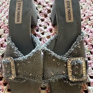 Steve Madden Gray Denim Mules with Sparkling Buckle